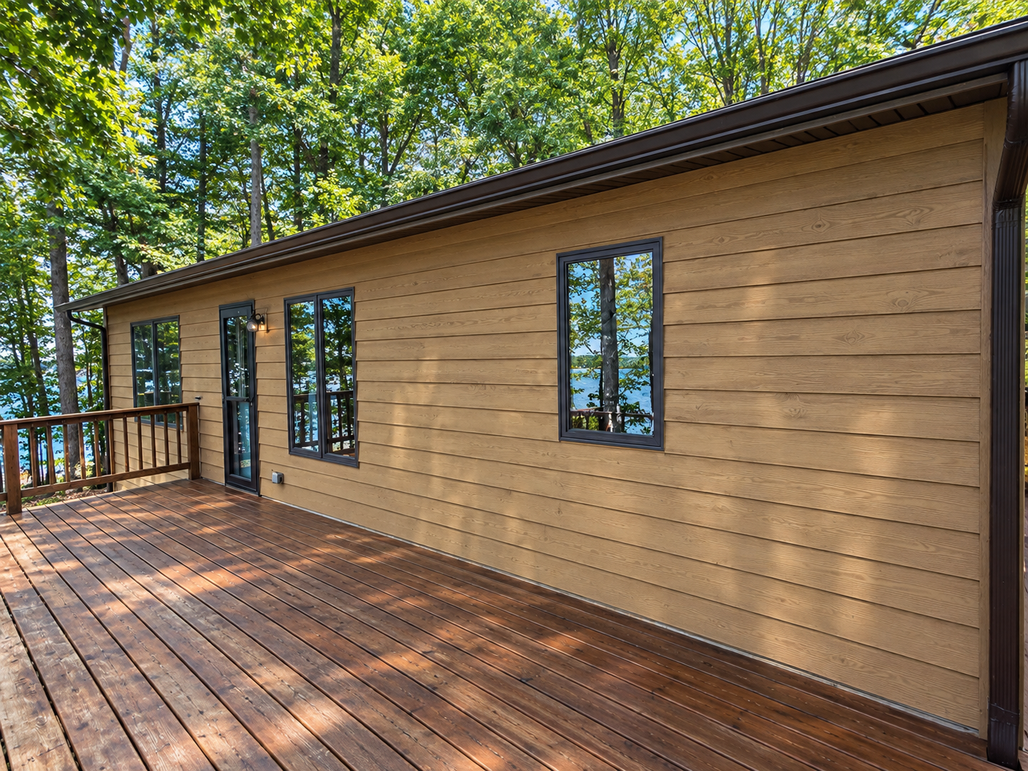 Finished lakeside siding and deck in warm natural tones