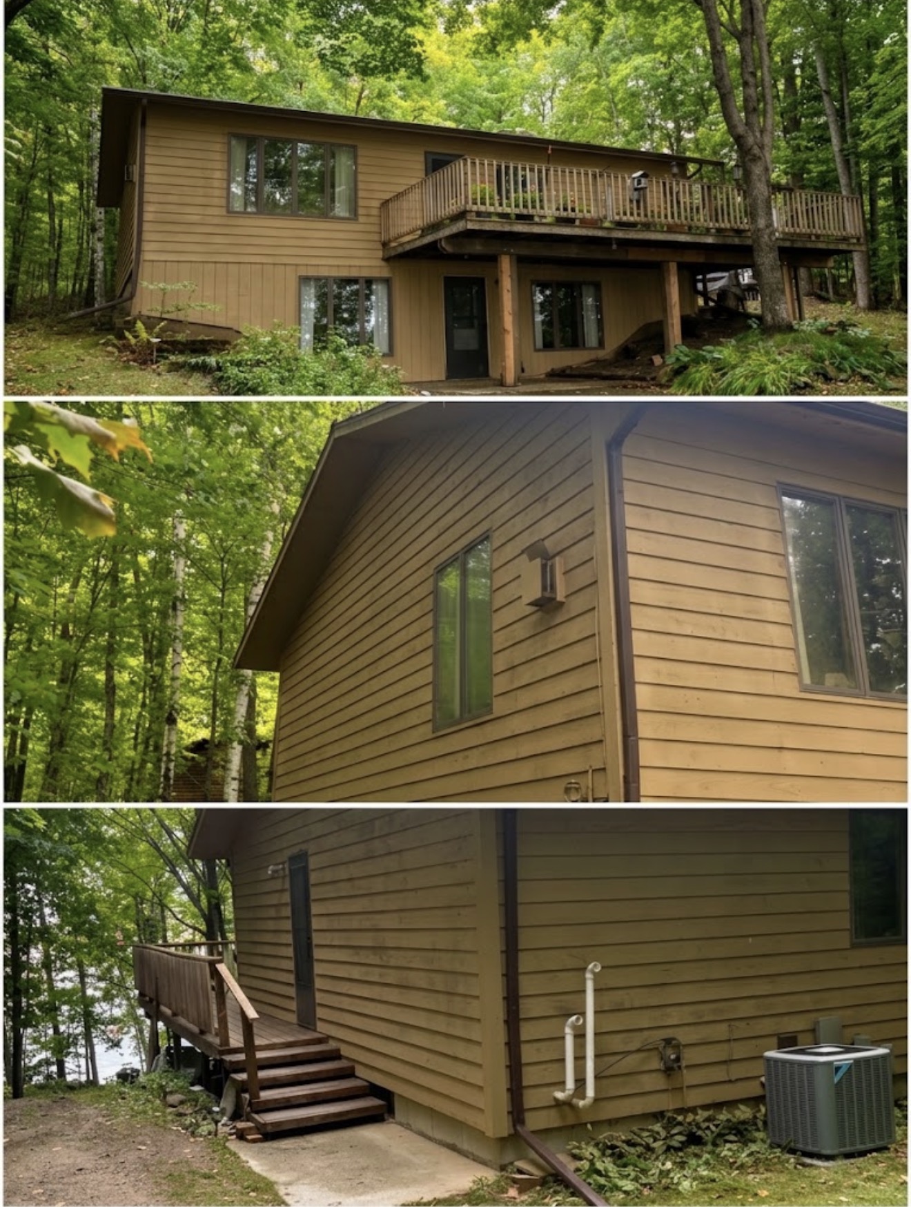 Multiple views of a completed lakeside home exterior