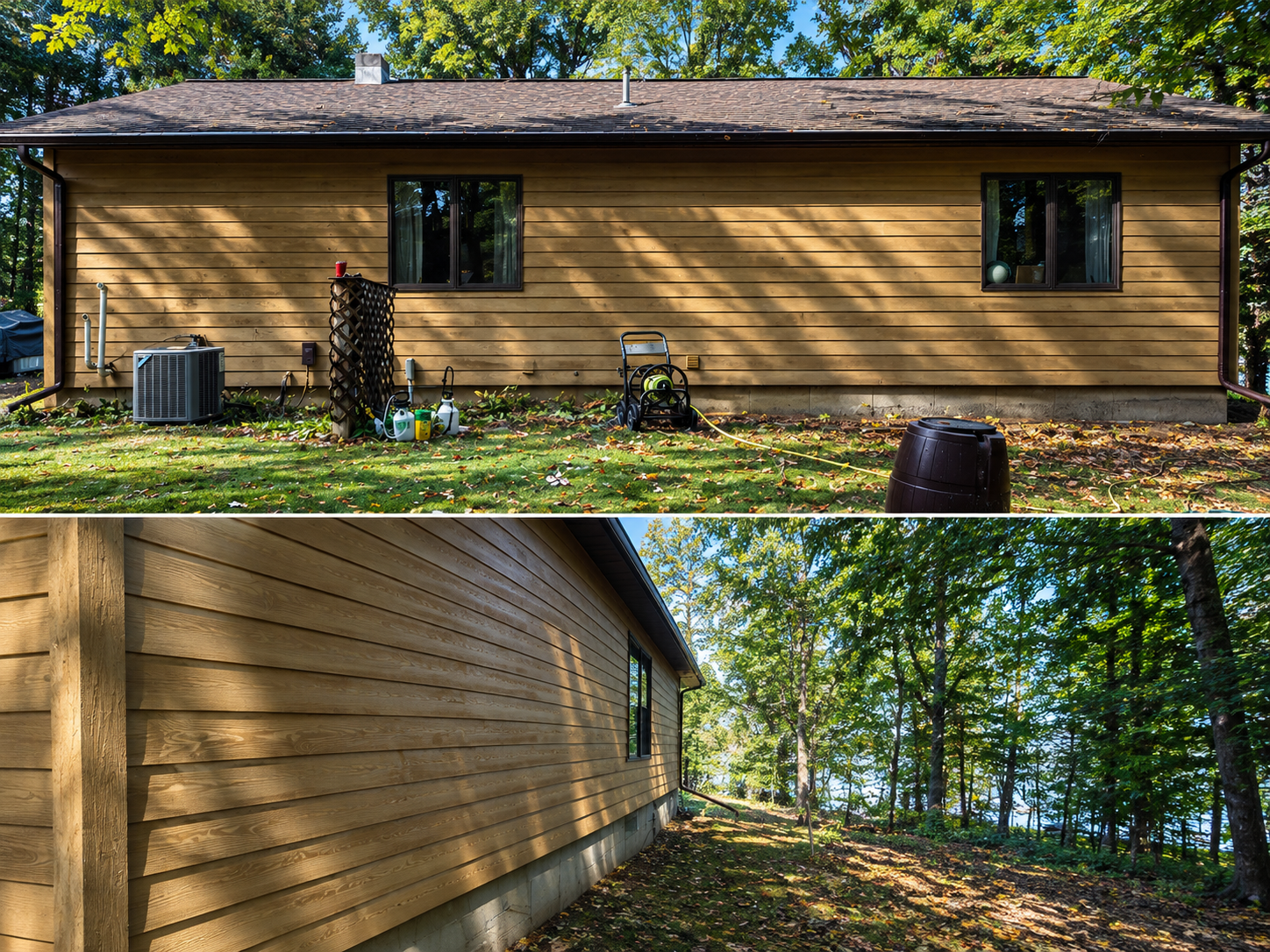Completed siding along the rear and side of a wooded lake home